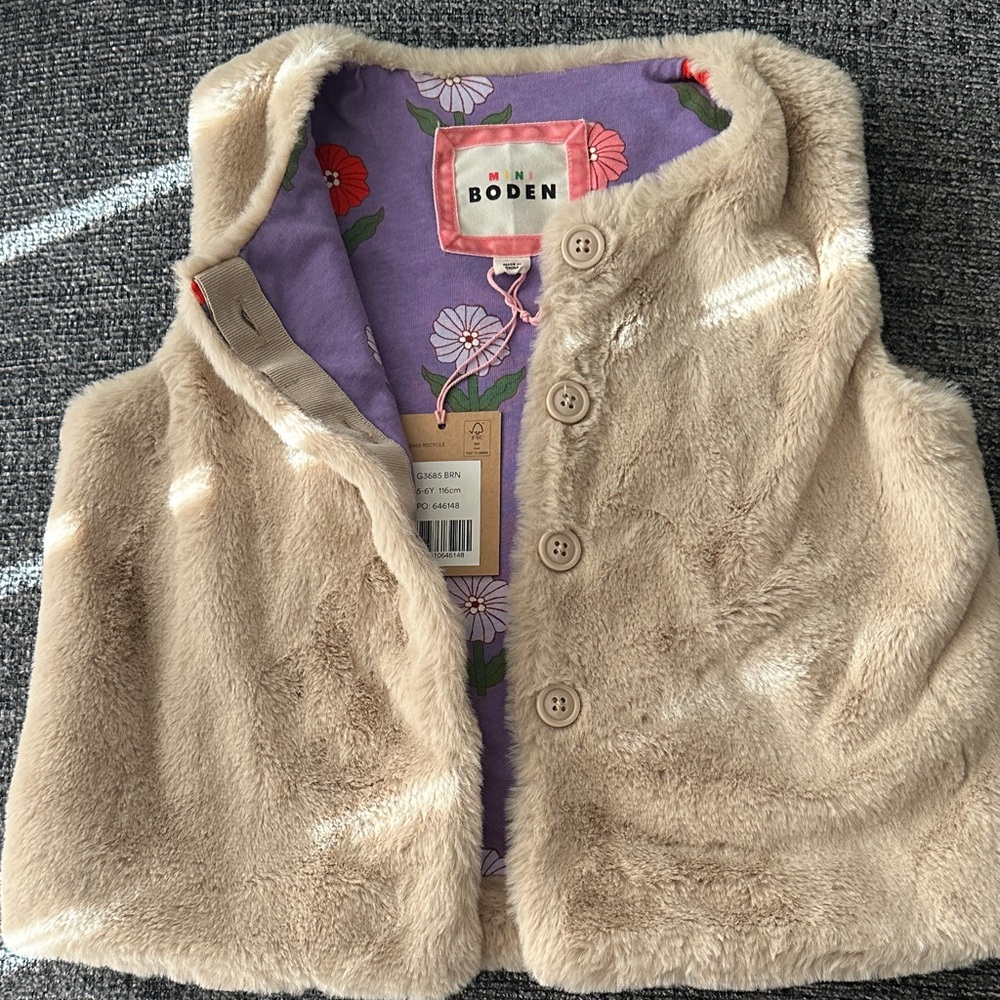 Mini Boden Beige Faux Fur Vest with Floral Purple Lining